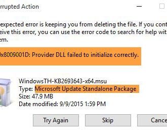 Windows Update error 0x8009001D, Provider DLL failed to initialize