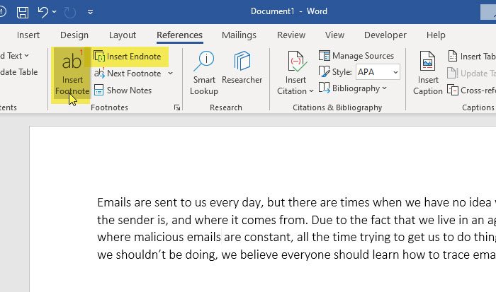 create footnote in word